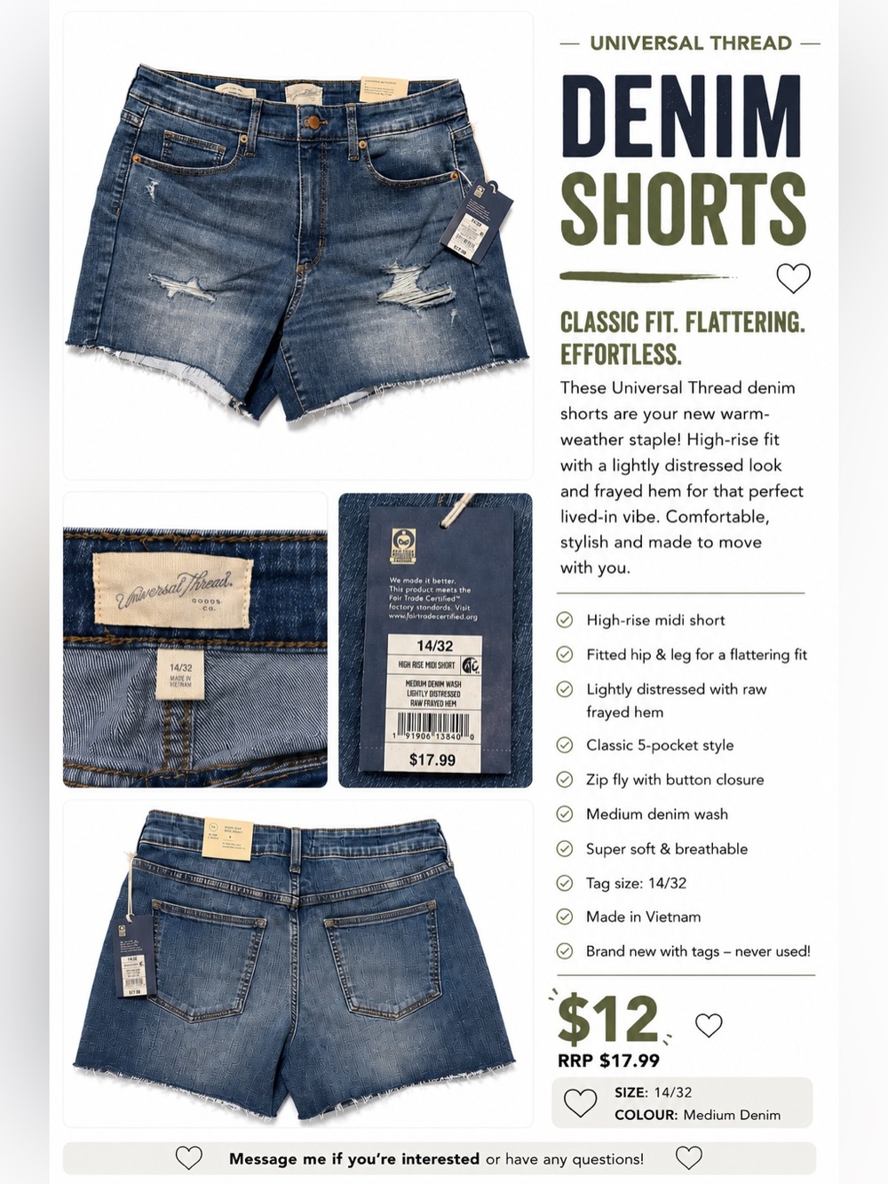 Universal Thread Blue Distressed High Rise Midi Denim Shorts